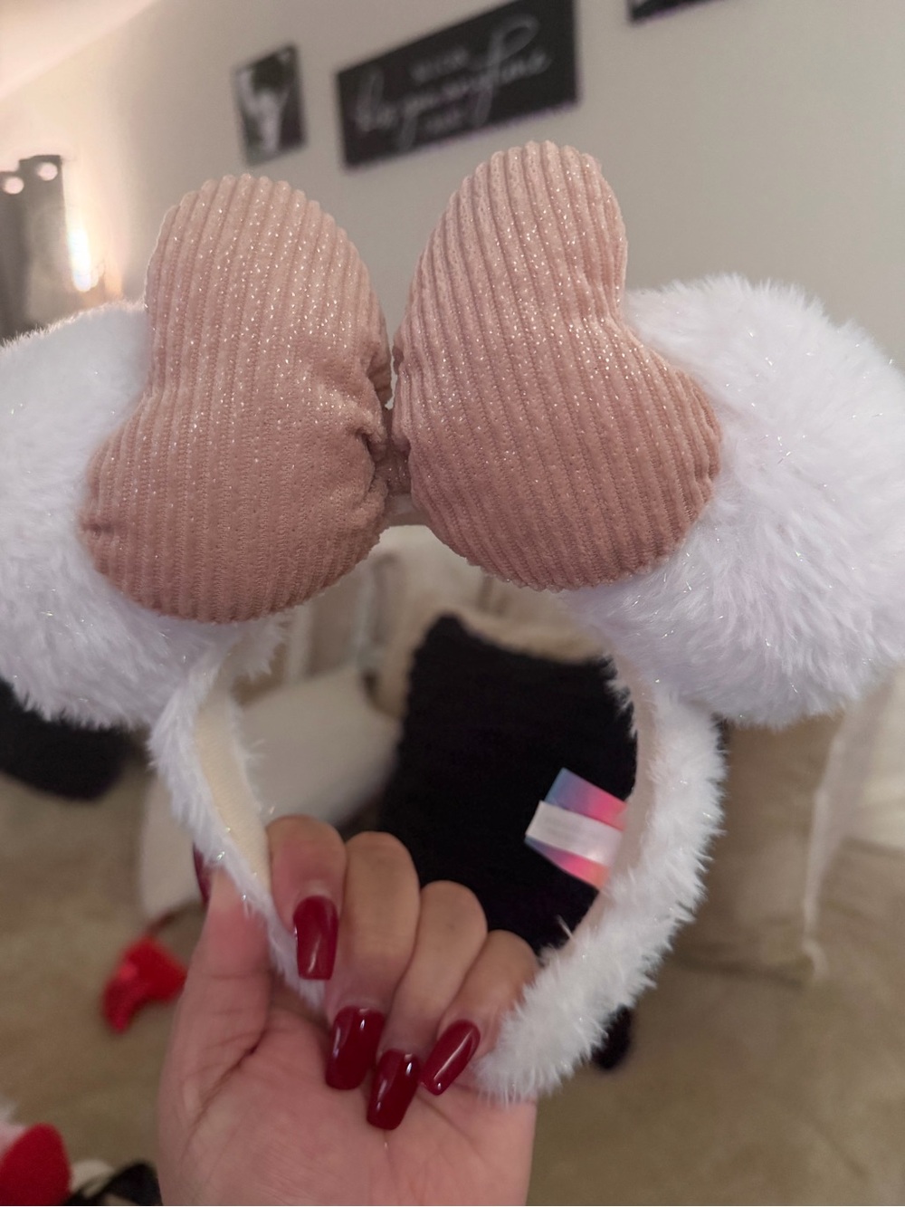 Tokyo Disney Plush Heart Bow Headband - White and Blush Pink